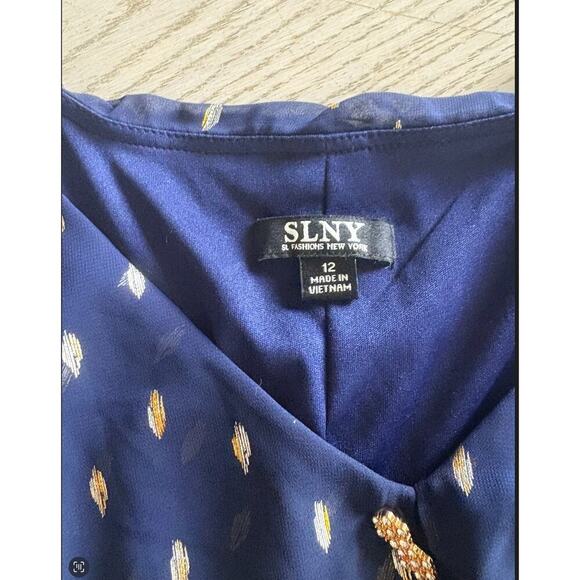 SLNY Navy & Gold Metallic Dot Ruffle Dress - Size 12 - Picture 2 of 4